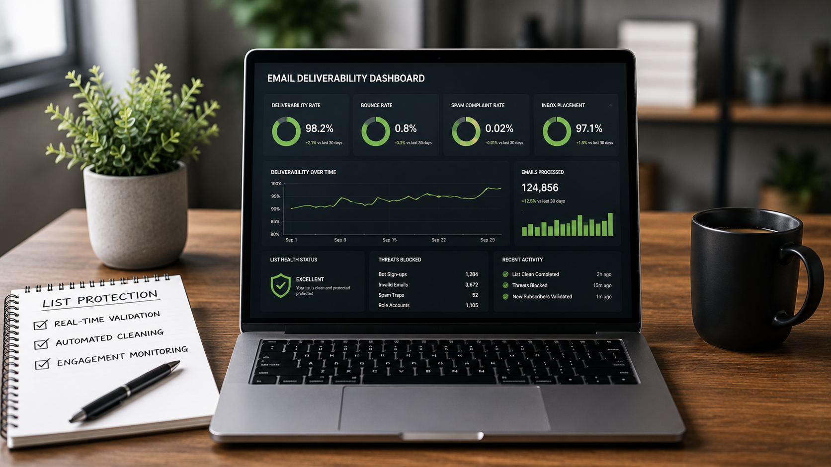 Laptop showing an email deliverability dashboard beside a notebook listing real-time validation, automated cleaning, and engagement monitoring