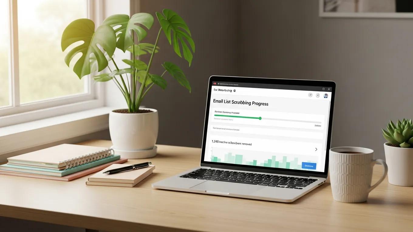 Clean workspace with laptop showing email marketing dashboard, symbolizing email list scrubbing importance