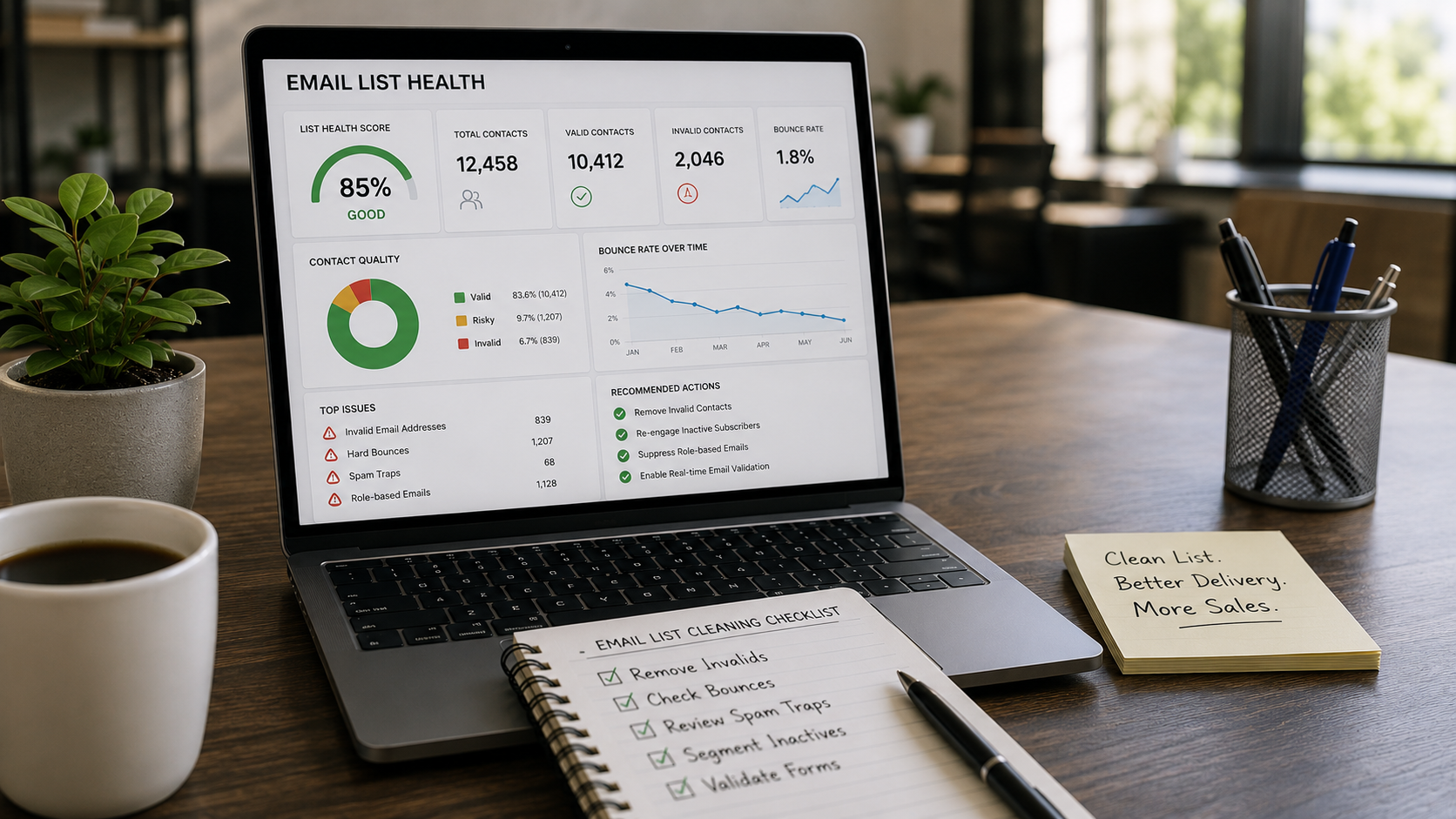 Small business owner reviewing email list cleaning performance metrics