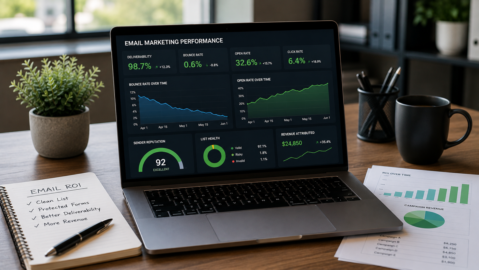 Email marketing dashboard illustrating ROI from email list protection